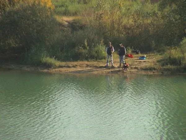 Zwei Angler am Ufer eines Heidesees, umgeben von Bäumen